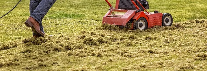 Person vertikutiert Rasen